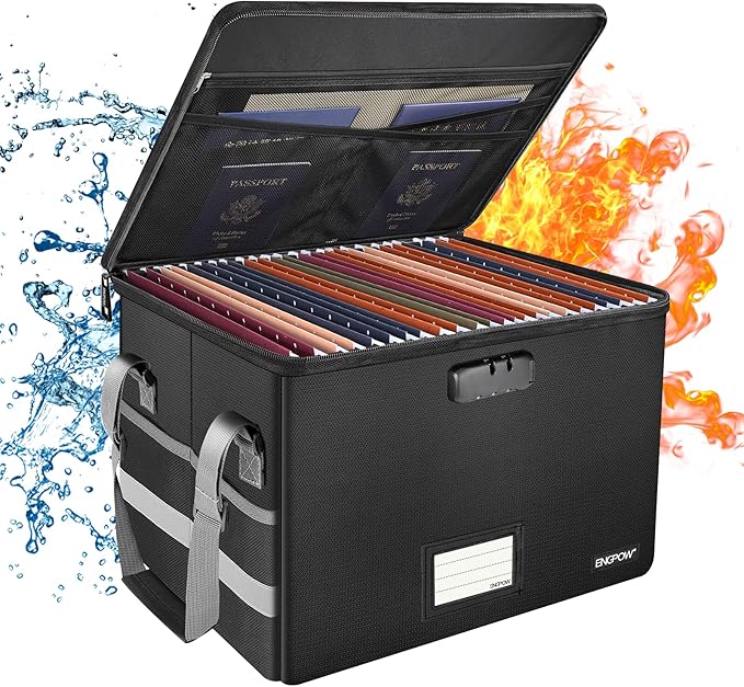 ENGPOW File Box with Lock,Fireproof Document Box with Zipperï¼Pockets,Collapsible File Organizer Filing Storage Cabinet with Handle,Portable Home Office Safe for Hanging Letter/Legal Folder,Black