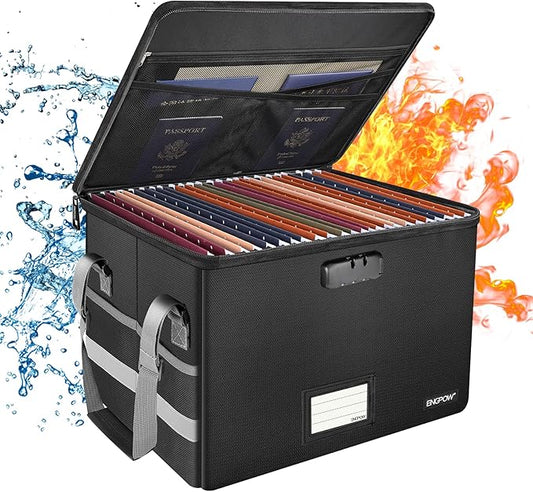 ENGPOW File Box with Lock,Fireproof Document Box with Zipperï¼Pockets,Collapsible File Organizer Filing Storage Cabinet with Handle,Portable Home Office Safe for Hanging Letter/Legal Folder,Black