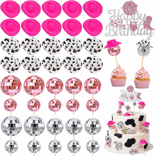 Teenyyou 41 Pcs Cowgirl Cupcake Topper Disco Ball Cake Pick Cowgirl Hat Boot Cake Decoration for Western Girl Birthday Disco 1970s Theme Baby Shower Party Favor Supplies (Pink and Sliver)