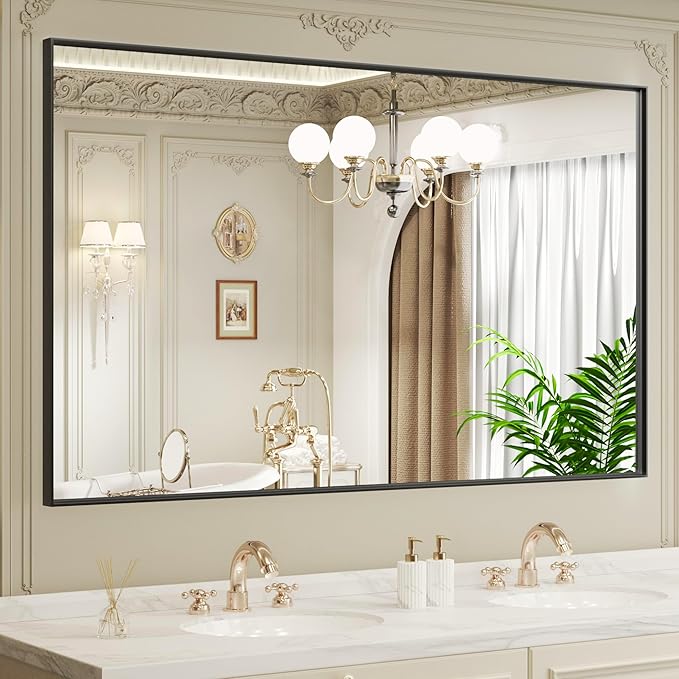 LOAAO Black Bathroom Mirror 60"X36" for Wall, Rectangle Bathroom Vanity Mirror, Tempered Glass, Hangs Vertically or Horizontally, Easy to Install, Modern Design