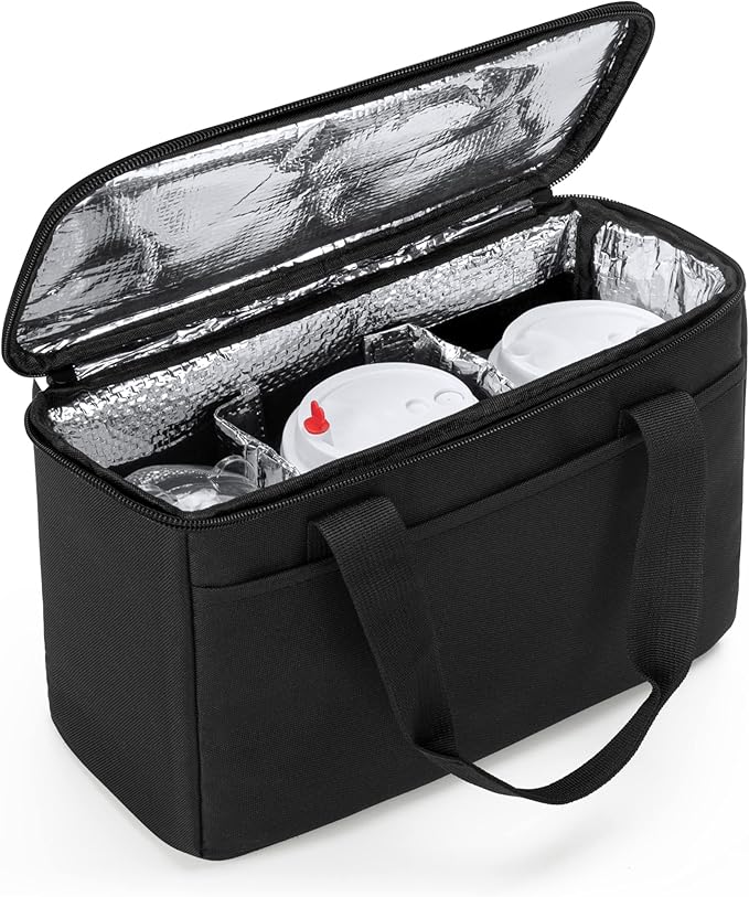 Trunab Reusable 3 Cups Drink Carrier for Delivery with Adjustable Dividers, Insulated Drink Caddy Holder Bag for Take Out, Beverages Carrier Tote with Handle for Outdoors, Patented Design, Black