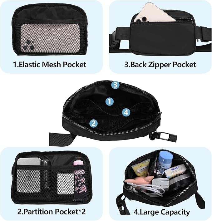 VOROLO Fanny Pack For Men And Women Christmas Gift Crossbody Bag For Men Belt Bag with Adjustable Strap for Sports Silver Zipper Black