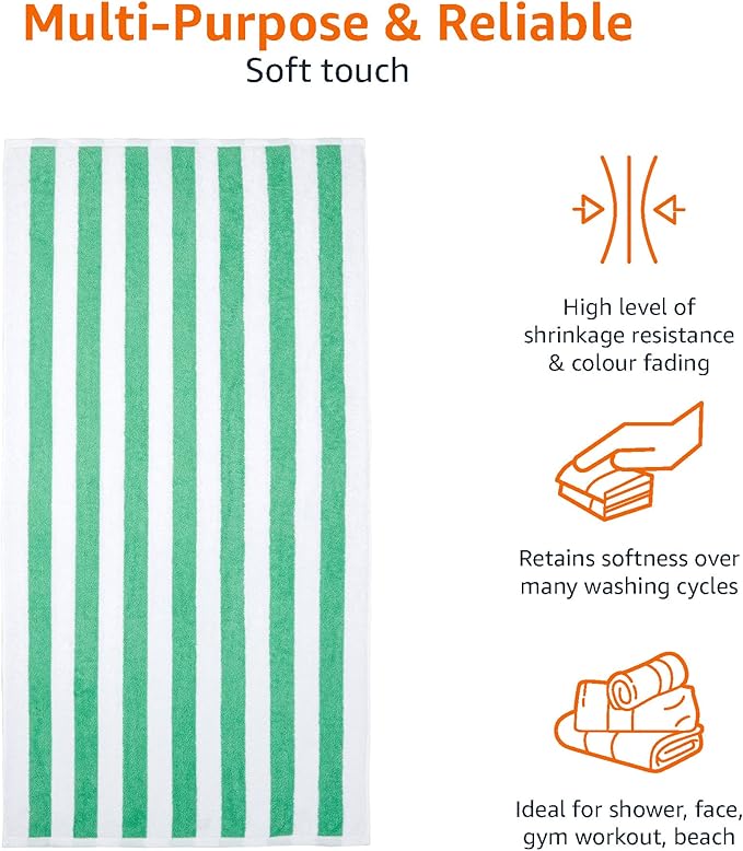 Amazon Basics 100% Cotton Terry Beach Towel, Soft & Absorbent, Quick Drying, Cabana Stripe, Large 30" x 60", Green, 2-Pack