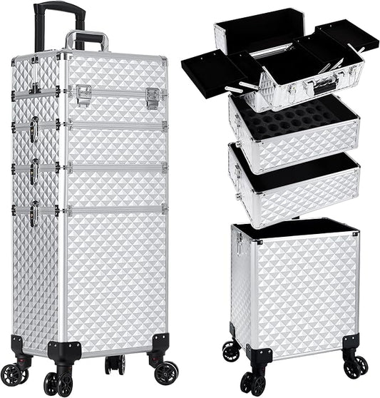 AROUS Rolling Makeup Train Case 4 in 1 Cosmetology Case on Wheels Large Storage Cosmetic Trolley with Key Salon Barber Case Traveling Cart Trunk, Silver