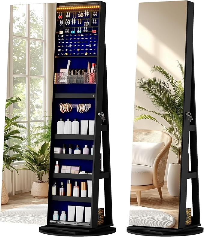 LVSOMT 360Â° Rotating Jewelry Mirror Cabinet with LED Lights and Lock - Freestanding Jewelry Storage Organizer for Bedroom, Closet, Vanity, Cosmetics & Accessories (Black)