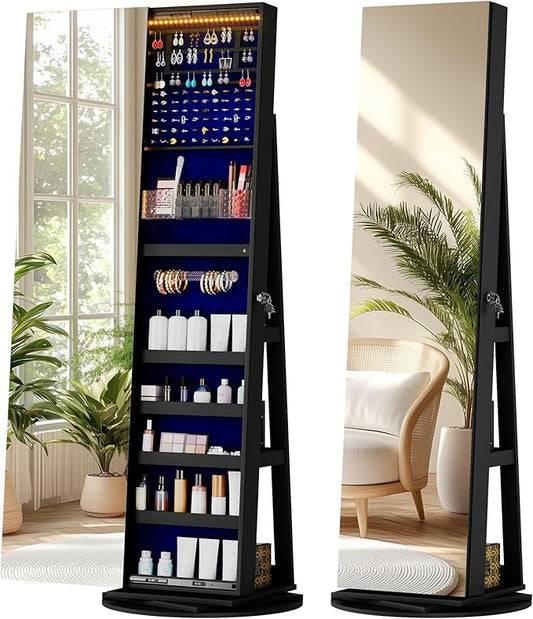 LVSOMT 360Â° Rotating Jewelry Mirror Cabinet with LED Lights and Lock - Freestanding Jewelry Storage Organizer for Bedroom, Closet, Vanity, Cosmetics & Accessories (Black)