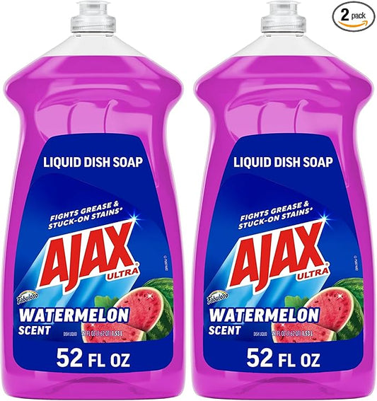 Ajax Ultra Liquid Dish Soap with Fabuloso Watermelon Scent, Fights Grease and Stuck-On Stains, Deep Cleaning Action, Mess-Free, Easy-Flip Cap, 52 fl oz Bottle (Pack of 2)