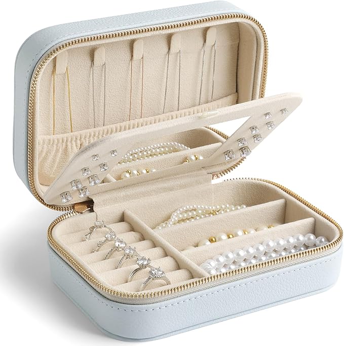 Genuine Leather Travel Jewelry Organizer Case with Mirror for Women, Small Mini Portable Jewelry Box for Ring Earrings Necklace Bracelet Luxury Gift for Womenï¼Light Blueï¼