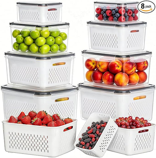 HOMETALL 8 Pack Fruit Storage Containers for Fridge, Fridge Organizers and Storage with Colander, Dishwasher & Microwave Safe Produce Containers Keep Fruits, Vegetables, Berry, Meat Fresh Longer
