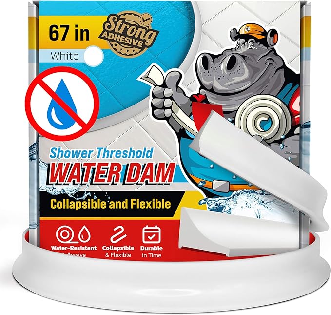 Shower Threshold Water Dam Barrier 67" - White Collapsible Walk in Shower Water Guard - Door Bottom Seal Strip Leak Guard by Hippo Dam