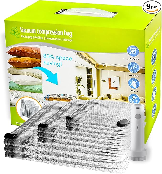 Lazyfeel 9-Pack Vacuum Travel Storage Bags with Electric Pump, Space Saver Compression Bags for Suitcases & Home Storage, 3 Sizes for Clothes, Quilts & Travel, Portable USB Rechargeable Pump