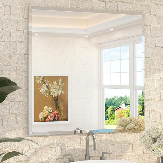 TETOTE 36" x 36" Rectangle Tempered Mirror with Frameless Beveled Edge for Vanity and Bathroom