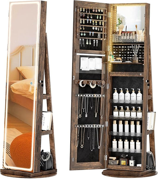 Mirror Jewelry Cabinet Standing, Jewelry Armoire with Full-Length LED Mirror and Adjustable Lights, 360Â° Swivel Jewelry Organizer Storage, Rustic Brown
