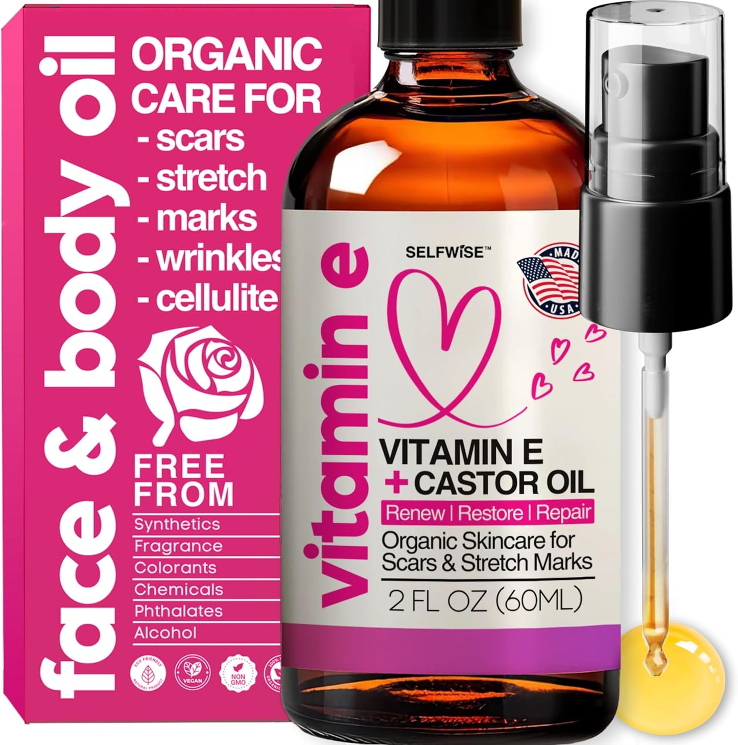 Organic Vitamin E Oil for Scars, Stretch Marks Removal, Wrinkles & Cellulite - Scar Away Treatment Bio Oil with Castor, Rosehip, Jojoba, Almond - Hydrating & Moisturizing Skincare - Face & Body Oil