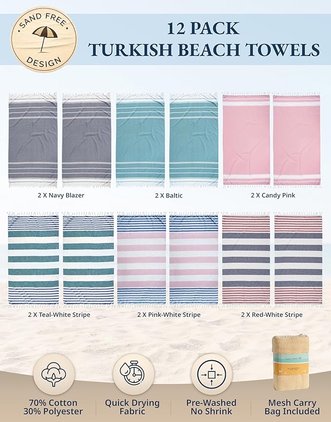 Lane Linen Beach Towels 12 Pack - Oversized & Pre-Washed Large Beach Towel Set - Stylish Pool Towels For Adults, Quick Dry, Soft & Lightweight Lightweight Travel Towel Pack, 39"x71" - Seaside Symphony