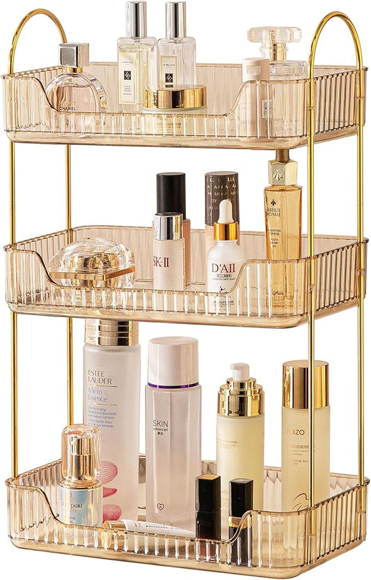 Akinbas 3 Tier Bathroom Organizer Countertop Makeup Perfume Tray Skincare Organizer for Bathroom Dresser Vanity (Gold)