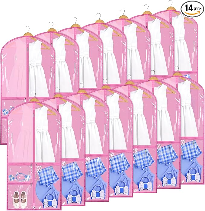 Geelin 14 Pcs Garment Bags for Dance Costumes PVC Clear with Zippers 20 x 40 Inch Garment Bag with Pockets Dance Costume Organizer Carrier for Storage Cover for Adult(Pink)