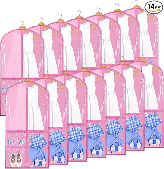 Geelin 14 Pcs Garment Bags for Dance Costumes PVC Clear with Zippers 20 x 40 Inch Garment Bag with Pockets Dance Costume Organizer Carrier for Storage Cover for Adult(Pink)