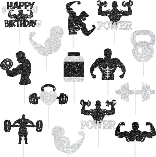 24Pcs Gym Party Cupcake Toppers Glitter Weight Lifting Cupcake Topper Fitness Birthday Party Decorations Gym Workout Cupcake Picks for Gym and Fitness-themed Party Baby Shower Supplies
