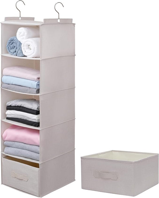 Large Hanging Sweater Organizer for Closet,Collapsible 6-Shelf Hanging Closet Shelves with Drawers, Washable (Beige -5 Shelf-1 d)