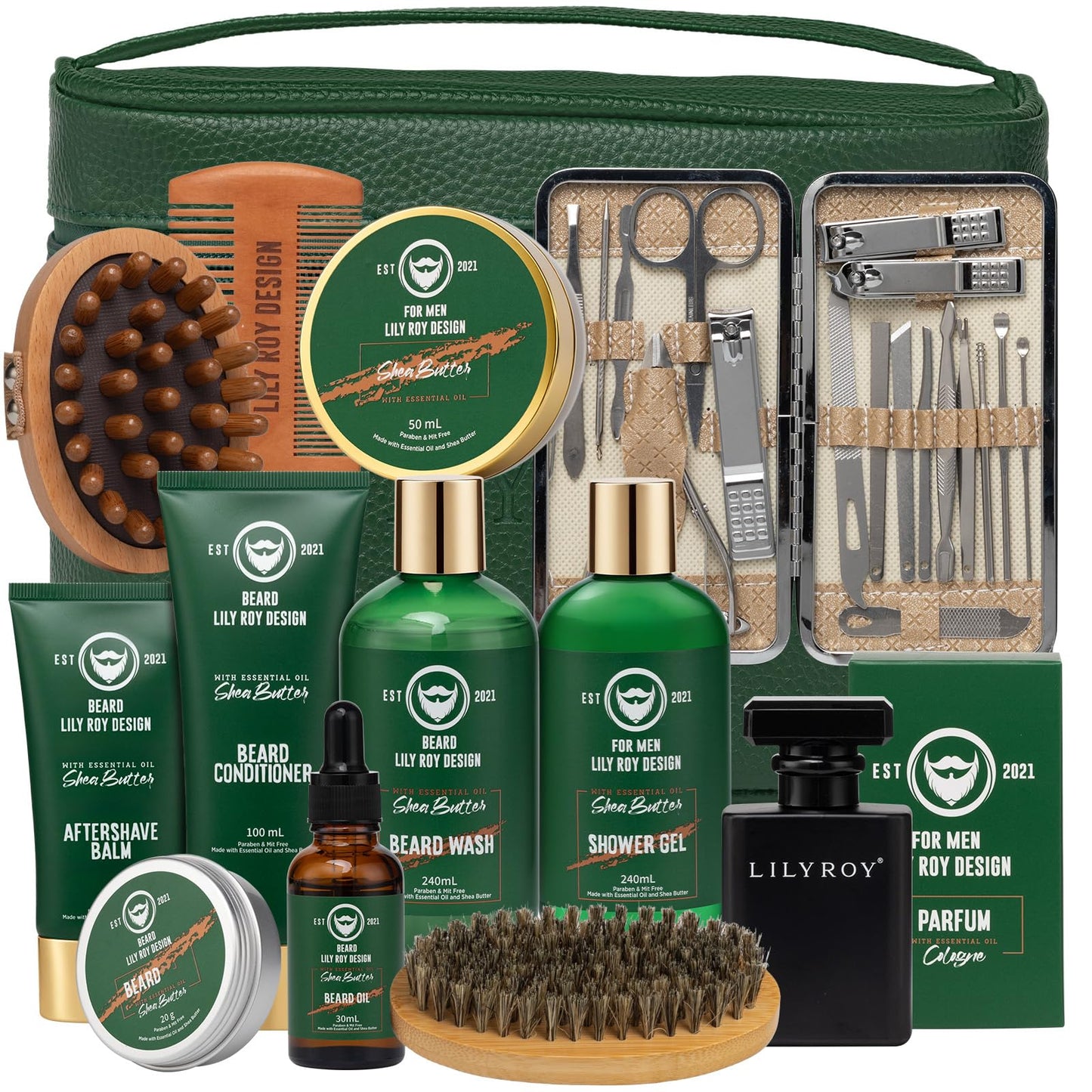 Father's Day Spa Gift for Men - Luxury 32Piece Shea Butter Bath & Beard Gift Set for Men Bath & Body Care Kit for Him with Beard Wax | Christmas, Valentine's Day, Birthday, Relaxation Gift Set for Dad