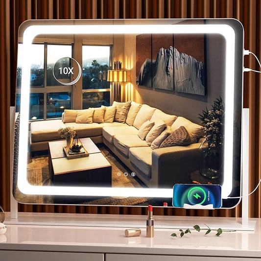 Hasipu Vanity Mirror with Lights, 24.2" x 18.9" LED Make up Mirror, Light up Mirror with 10X Magnification and USB Charging Port, Phone Holder, Smart Touch 3 Colors Dimmable, 360Â° Rotation (White)