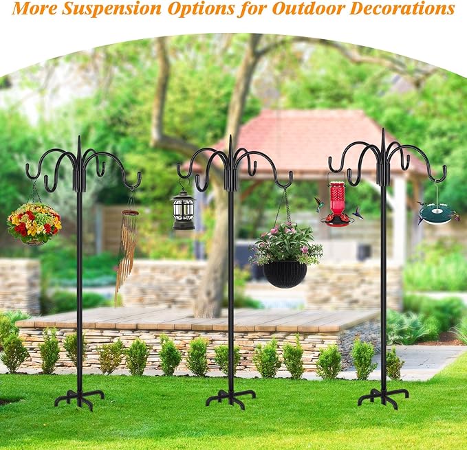 FEED GARDEN Heavy Duty Shepherds Hook 2 Pack 92" Four Hooks Adjustable (44/60/76/92") - Metal 5-Prong Base, 17lb Capacity - Easy Assembly Bird Feeder Pole for Hanging Planters, Lanterns, Wind Chimes