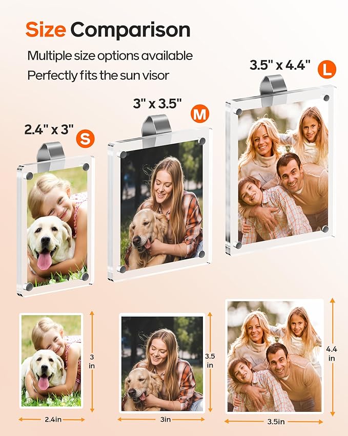 2Pcs Large Magnetic Car Visor Photo Holder - Strong Clip-On Frames for 3.5"x4.4" Photos - Durable Acrylic Visor Clip Photo Frame for Family & Pets - Secure Photo Car Visor Clip Accessories, Gift For Valentine‘s Day