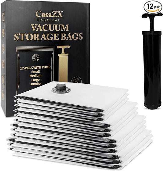 Vacuum Storage Bags â 12 Pack with Hand Pump | Space Saver Compression Bags for Clothes & Bedding | Extra Thick, Airtight Double-Zip, Triple-Valve | Reusable Storage (Jumbo/Large/Medium)