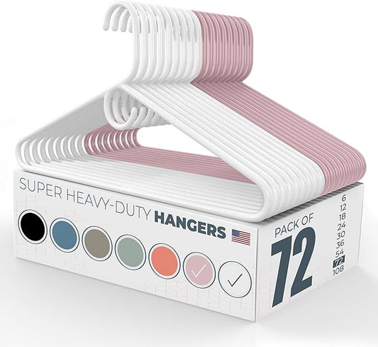 Neaties Super Heavy Duty Clothes Hangers 50+ Pack (72 Count) â Made in The USA - 10lb Capacity, Thick Plastic Hangers for Pants, Coats, Jackets, Jeans and Adult Clothing â White & Pink