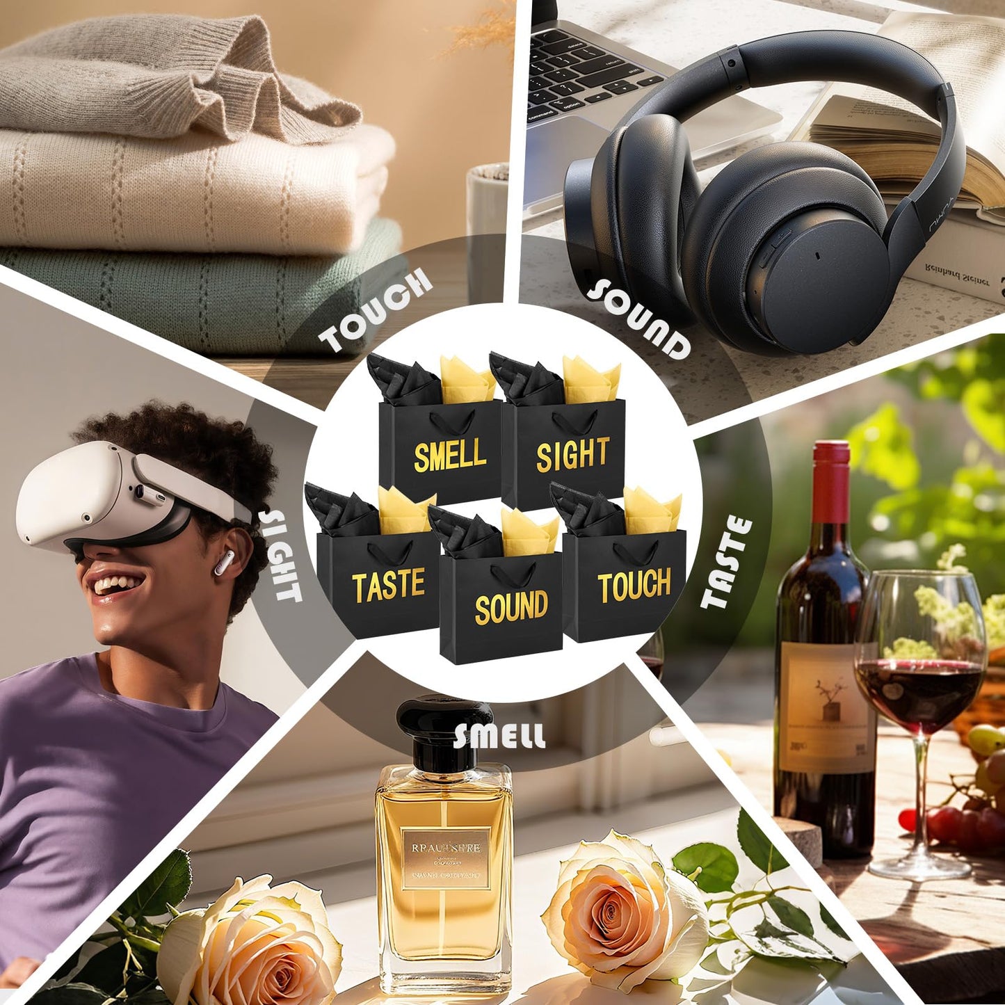 5 Senses Gift Bags for Him With Tissue papers Five Senses Black Gift Bags with Rose Petals Balloon Gifts Decoration for Birthday Bag Wedding Anniversary Valentine's Day (Black,12.6 x 8.7 x 4 Inch)