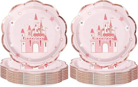 WRAPAHOLIC 25Pcs Castle Paper Plates - 9 Inch Pink Princess Castle Disposable Plates Decorative Dinner Plates for Party Tableware Supplies Table Decor (Pack of 2)