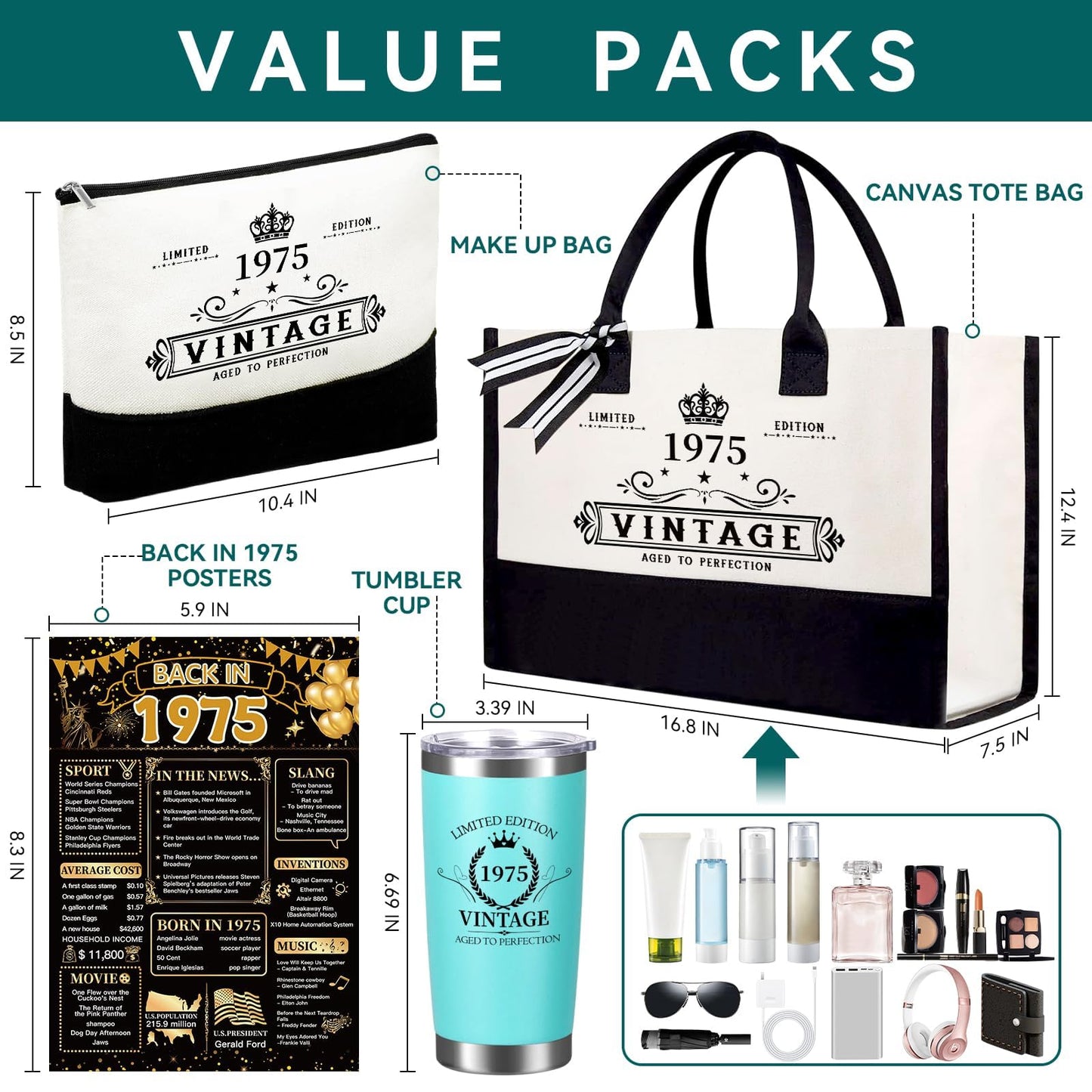 TrophyToast 50th Birthday Gifts for Women Her- 4 pcs, Turning 50 Year Old Gifts, Decorations Canvas Beach Tote Bag & Makeup Bag, Unique Happy 50th Birthday gifts for Her Mom Wife Friends