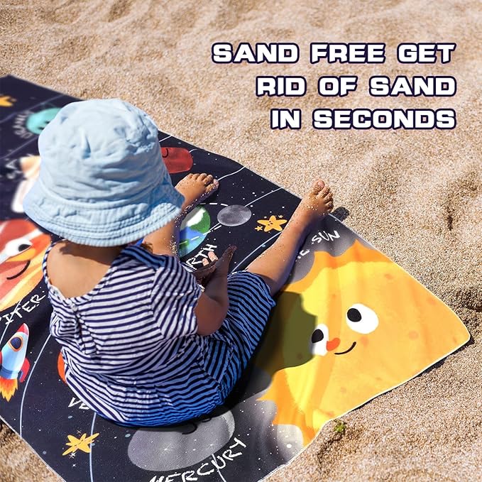 WERNNSAI Planet Kids Beach Towel for Boys - 30” x 60” Planet Sand Free Swim Towels for Boys Bath Pool Camping Travel Towel Quick Dry Ultra Absorbent Super Soft Beach Blanket Bath Shower Towel
