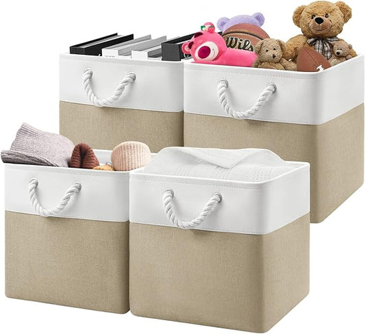 13x13x13 Storage Cube Bins,Set of 4, Large Foldable Fabric Storage Cubes with Handles for Organizing Home, Closet, Shelf, Office(White&Khaki)