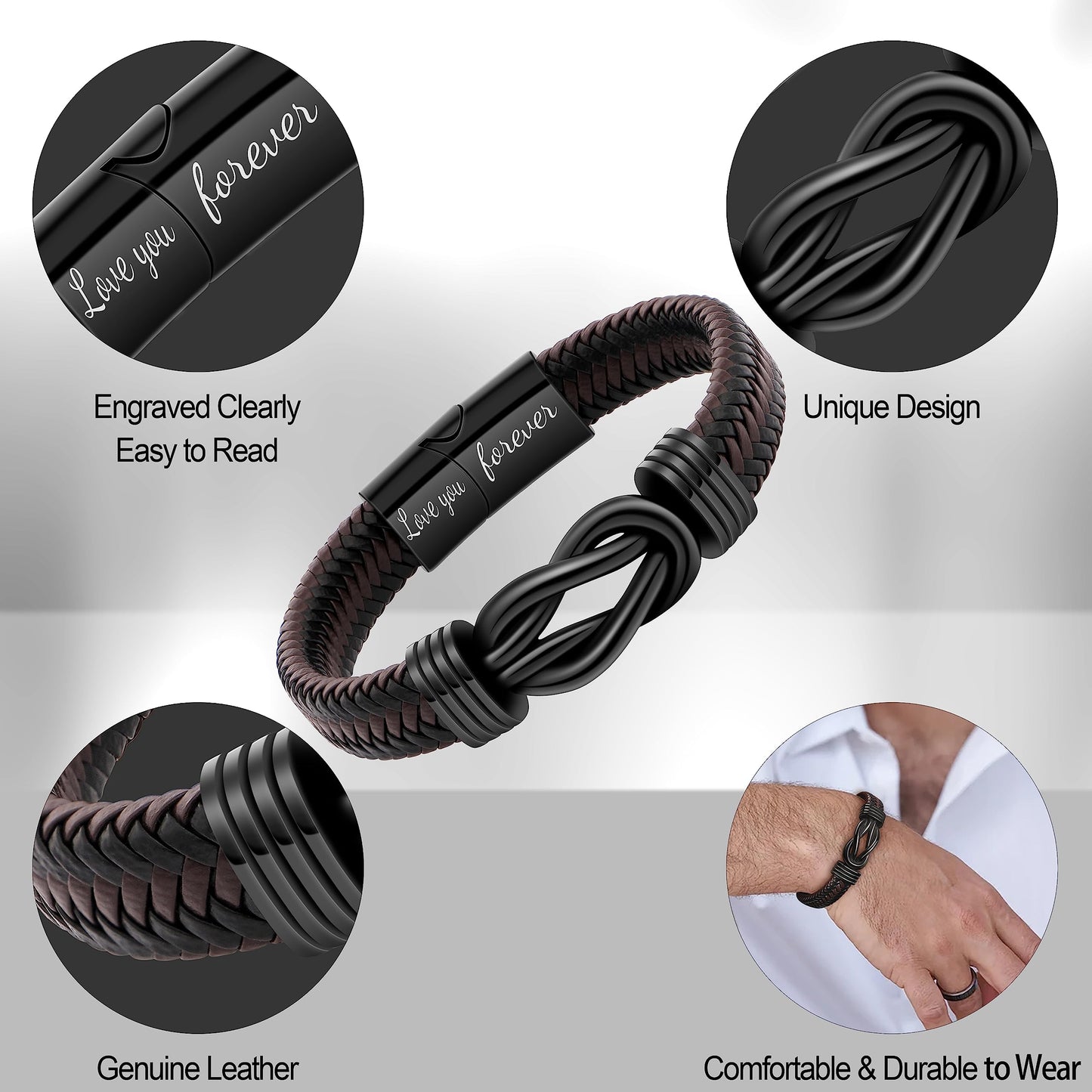 JoycuFF Anniversary Birthday Gifts for Husband Him from Wife Men Bracelets Romantic Gifts Infinity Braided Leather Bracelets Fathers Day Christmas Gifts for Husband