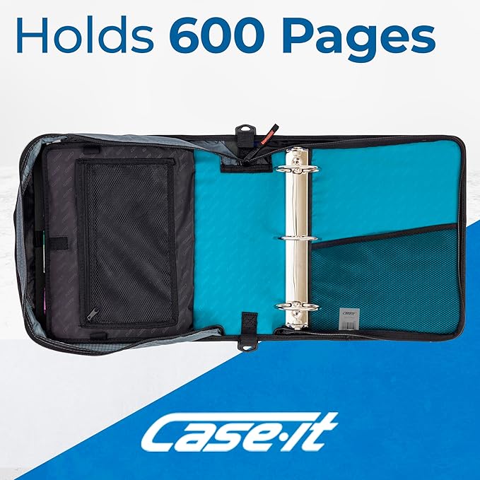 Case-it Mighty Zip Tab School Zipper Binder | 3-Inch O-Rings, 600-Sheet Capacity, 5-Subject Expanding File Folder, Multiple Pockets & Storage Organizer, Shoulder Strap | D-146 Aqua Marine
