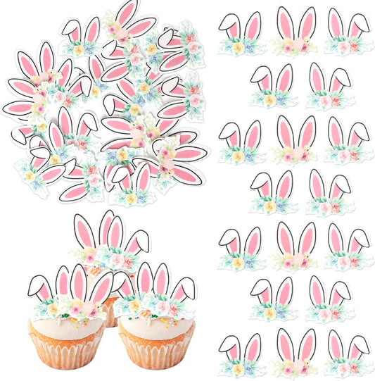 48 PCS Edible Bunny Ears Cupcake Toppers Rabbit Ears Bunny Party Cake Decorations Happy Easter Cupcake Picks for Easter Theme Baby Shower Birthday Party Food Decorations Supplies