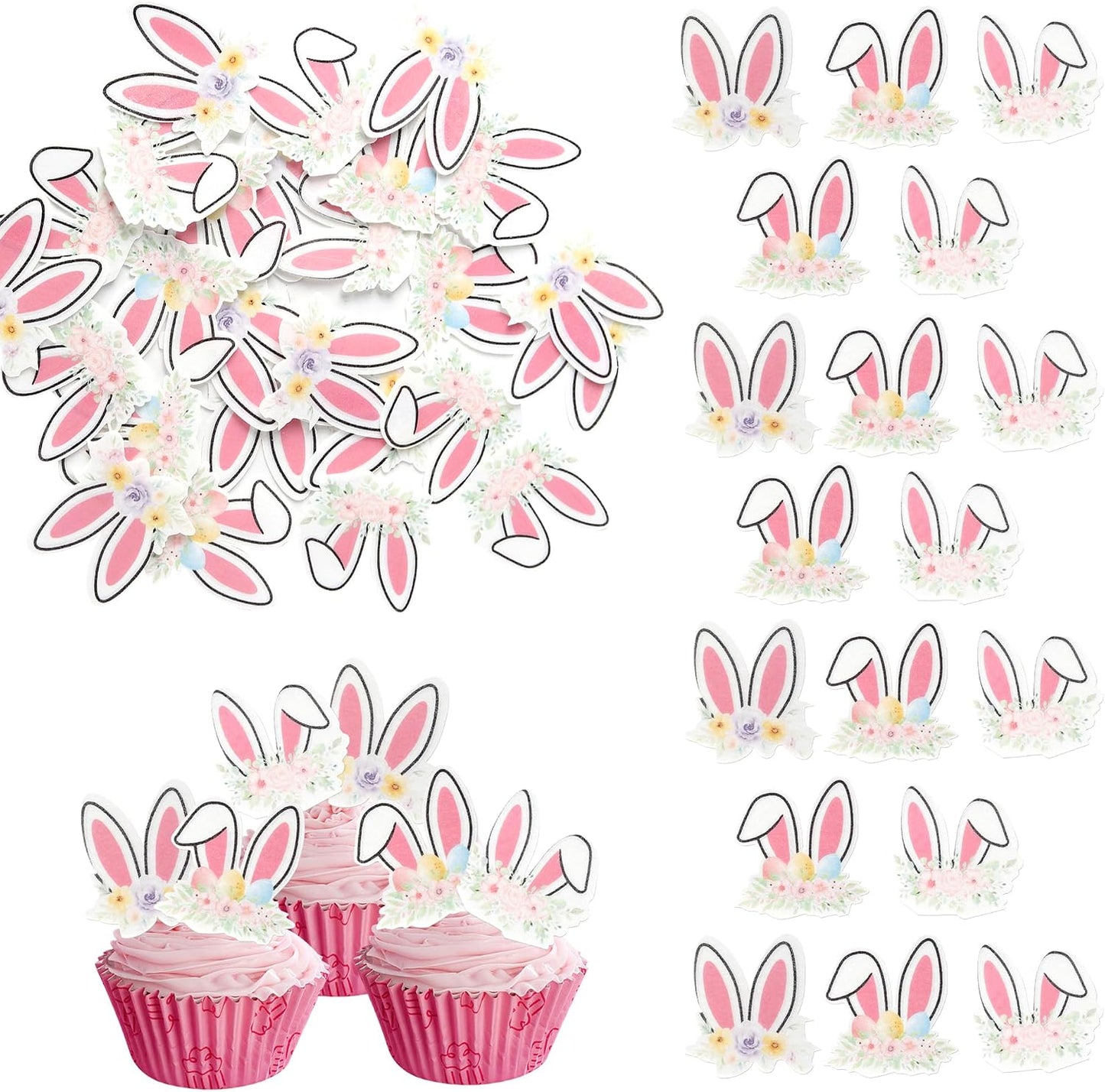 48 PCS Edible Happy Easter Cupcake Toppers Rabbit Ears Bunny Party Cake Decorations Edible Bunny Ear Cupcake Picks for Happy Easter Day Theme Baby Shower Birthday Party Food Decorations Supplies