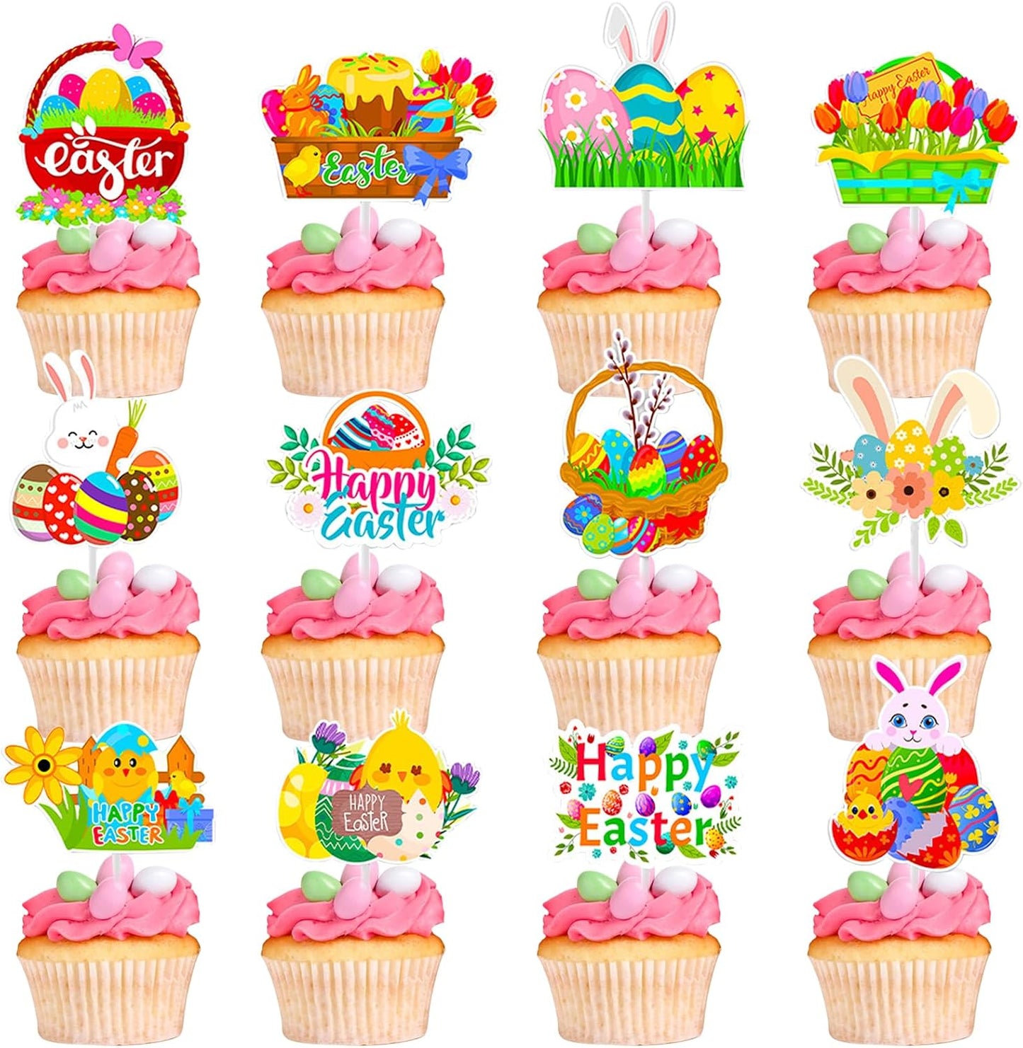 12Pcs Cute Easter Cupcake Toppers Egg Rabbit Chicks Pattern Festivals Theme Cake Toppers Decoration for Birthday Spring Party Supplies (Easter Cupcake Toppers, 12)