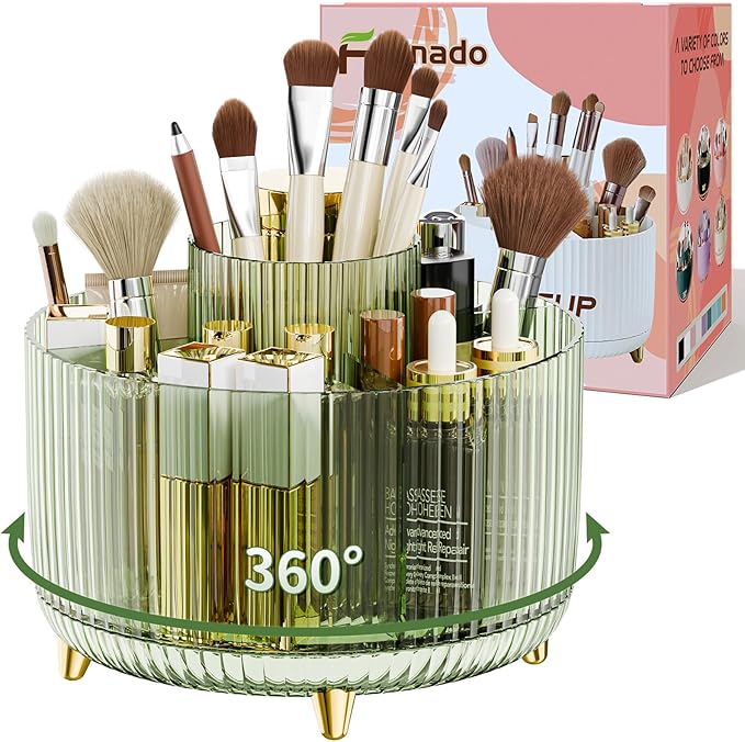 360Â° Rotate Makeup Brush Holder Organizer, Makeup Organizers Countertop, Makeup organization and Skincare Storage for Vanity, Desktop, Bathroom (Clear Green)