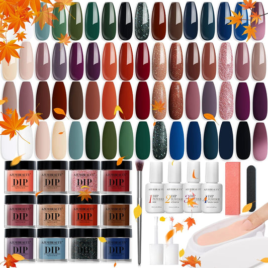 AZUREBEAUTY 42Pcs Dip Powder Nail Kit Starter, 32 Colors Fall Set Green Nude Brown Blue Dipping Powder Set with Top/Base Coat & Recycling Tray for French Art Manicure Salon