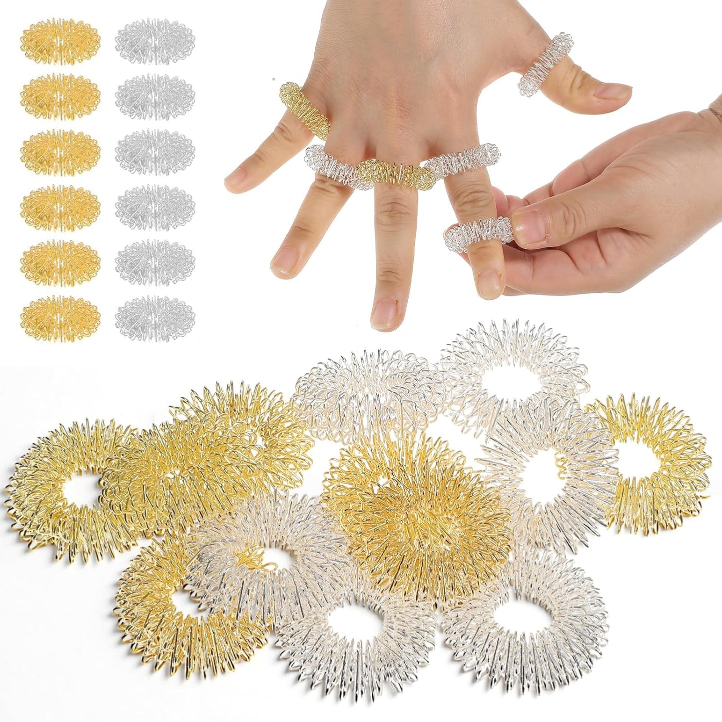 24 Pcs Acupressure Rings, 12 Colors Finger Massager Silent Spiky Sensory Rings Fidget Sensory Massager Stocking Stuffers Gifts for Women Men Office Home Fingers Stress(Gold Silver)