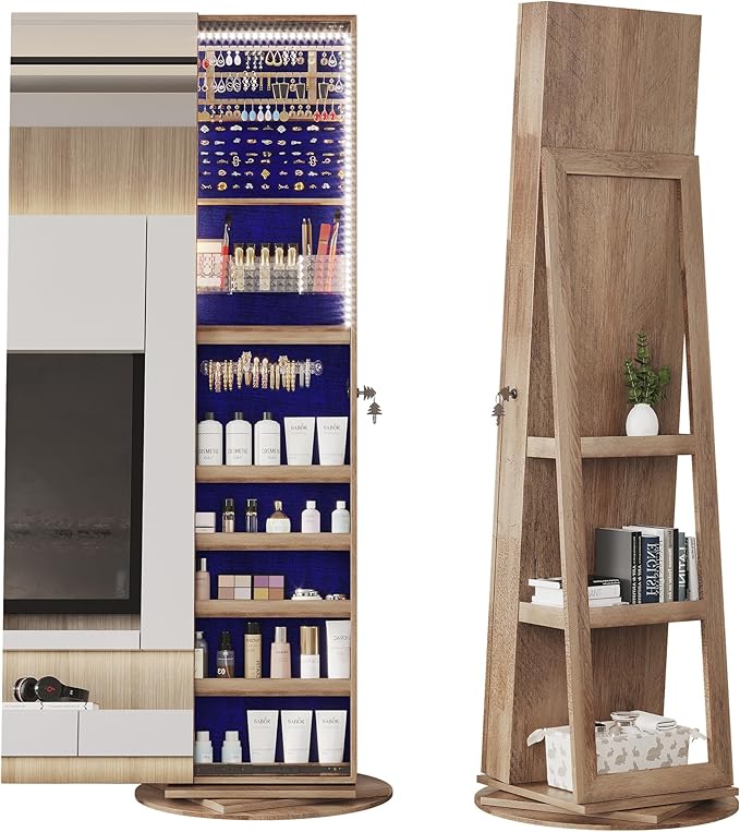 LVSOMT 360Â° Rotating Full Length Mirror Jewelry Cabinet with Sliding Door, LED Lighted Lockable Jewelry Armoire Organizer, Space-Saving Standing Mirror Storage for Bedroom Dressing Room (Light Wood)