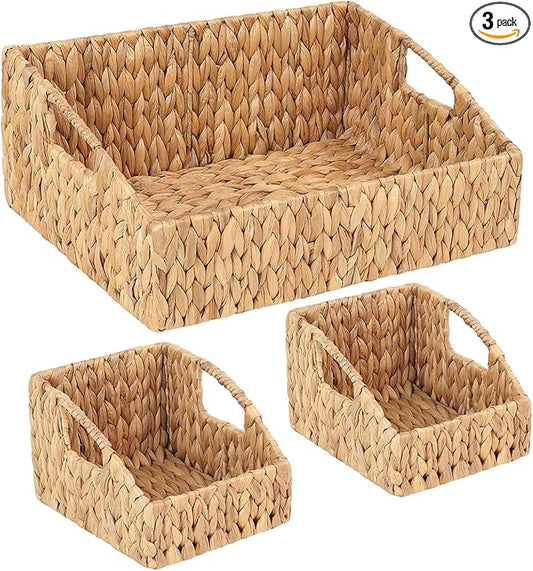 Set of 3 Handwoven Water Hyacinth Storage Baskets â Decorative Natural Wicker Organizer Bins with Built-in Handles for Bathroom, Kitchen, Pantry, Nursery, Closet, Laundry, Living Room, and Home Use