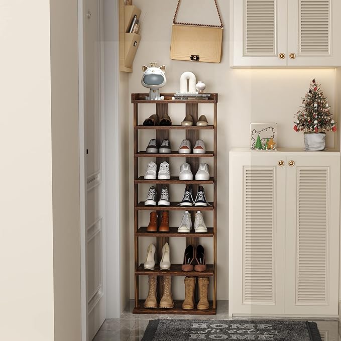 HOMEFORT 7-Tier Wood Shoe Rack, Double Rows Shoe Shelf, Shoe Storage Stand, Entryway Shoe Tower, Vertical Shoe Organizer for Narrow Closet, Entryway, Hallway, Rustic Brown