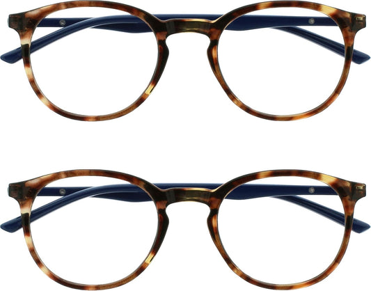 OPULIZE MET Blue Light Blocking Reading Glasses for Women Men, Slim Round Frame with Scratch Resistant and Spring Hinges, Computer Glasses with Anti-Reflective, Brown +2 (Pack of 2)