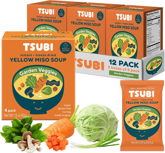 Tsubi Soup Freeze-Dried Japanese Miso Soup Packets - Instant, Vegan, Easy Mix, Gluten & MSG-Free, and Flavorful - Ready in Seconds - Made in Japan - Yellow Miso (Garden Veggies) - 12 Packs