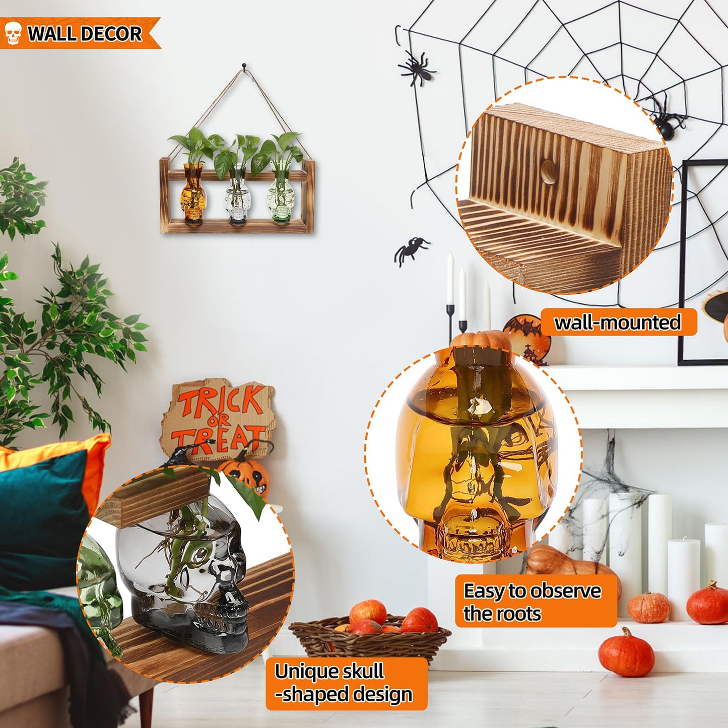 Plant Terrarium Propagation Stations Hydroponics Halloween Skull Planter Vase Skulls Decor with Wooden Stand Gift for Father