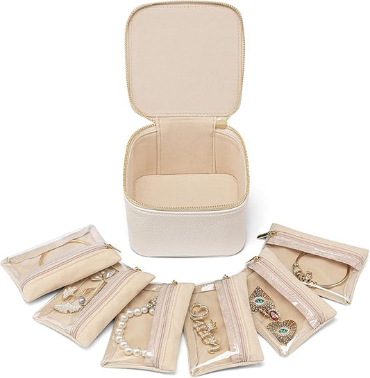 Vlando Jewelry Travel Case,Valentines Gift,Travel Jewelry Organizer with Clear Velvet Jewelry Bags 6Pcs Zipper Pouch for Women Girl Birthday Gift-White